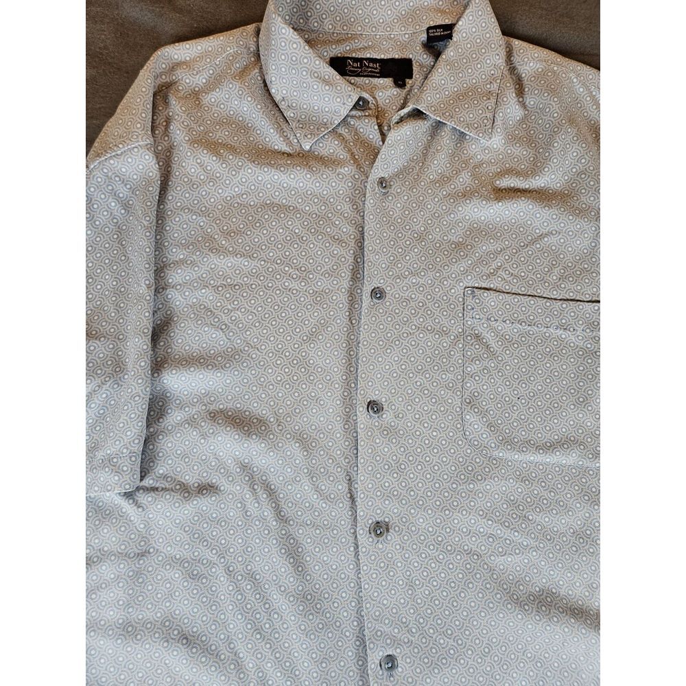 Nat Nast Shirt Mens XL Blue Geometric Short Sleeve Luxury Original Silk Blend